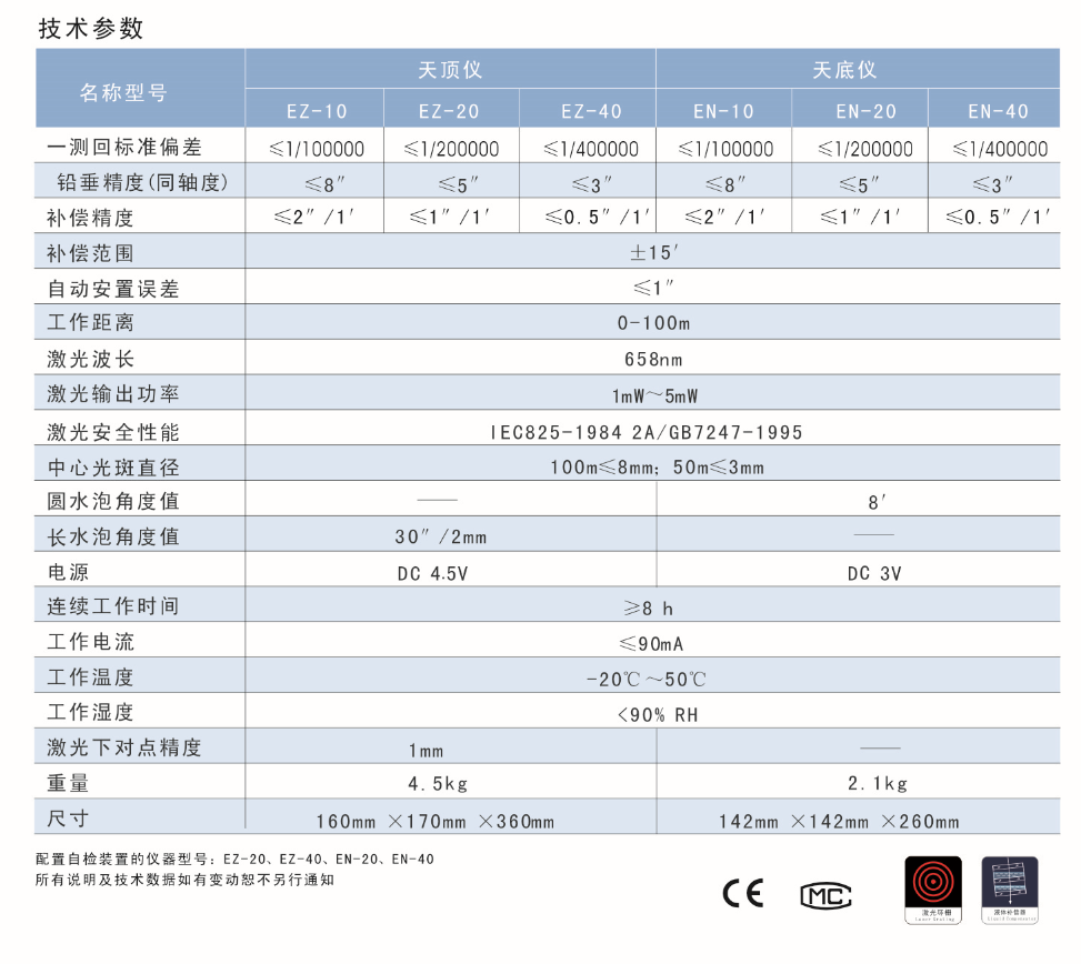 EZ-10、EZ-20、EZ-40激光自動(dòng)安平天頂儀/上垂準(zhǔn)儀技術(shù)參數(shù)